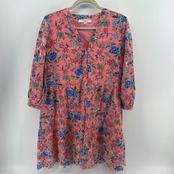 LOFT Dresses & Skirts - LOFT floral print V-neck 1/2 button up long sleeve tiered eyelet hem dress sz 14